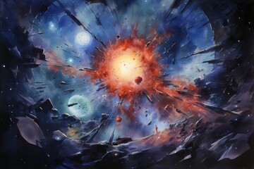 A painting depicting the intense explosion of a star in the vast expanse of the night sky, showcasing the dramatic release of energy and light - obrazy, fototapety, plakaty