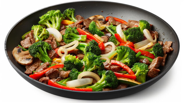 A steaming pan contains beef stir-fry with vibrant broccoli and bell peppers.