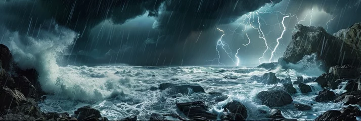 Fotobehang Intense storm, crashing waves, ominous sky, lightning flashes, Generative AI © avrezn