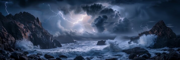 Intense storm, crashing waves, ominous sky, lightning flashes, Generative AI