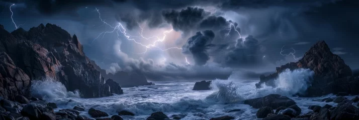 Fototapeten Intense storm, crashing waves, ominous sky, lightning flashes, Generative AI © avrezn