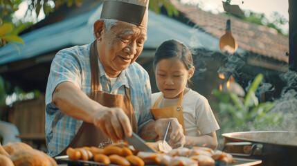 An elderly man in a chefs hat instructs a girl on traditional cooking techniques over an open fire in the evening light