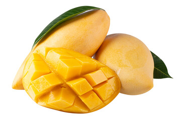 Mango fruit with mango cubes and slices Isolated on a transaprent background