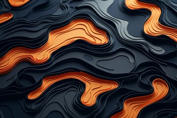 Detailed close-up shot of a black and orange surface with abstract design elements featuring repetitions of lines and shapes. The contrasting colors create a striking visual impact