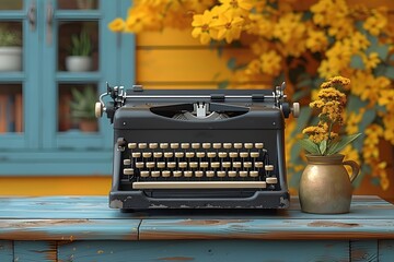 Vintage Typewriter and Flowers on Table - obrazy, fototapety, plakaty