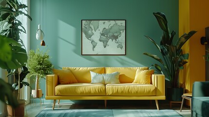 an image depicting a chic Scandinavian living room with a mint sofa yellow color theme