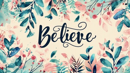 Believe - lettering calligraphy on abstract background with delicate watercolor painted branches and leaves