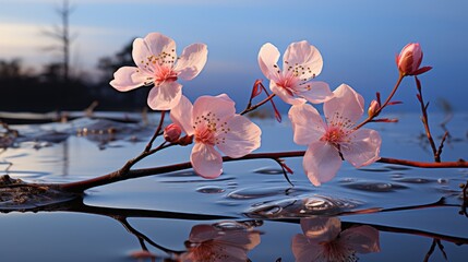 Single pink cherry blossom branch with pink flowers and dew moisture.