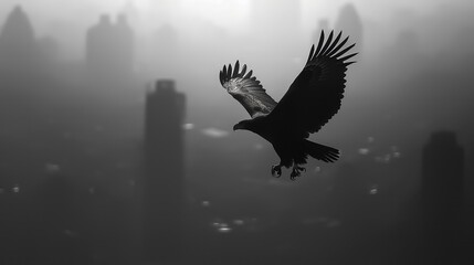 An eagle flying over a city