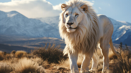 White lion blending into the wild landscapes a symbol