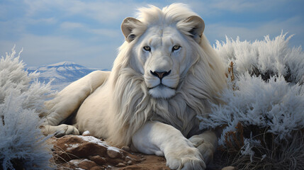 White lion blending into the wild landscapes a symbol