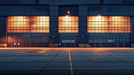 exterior of big industrial warehouse with windows at night - 763098328