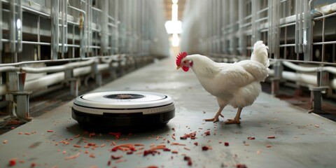 Robot vacuum cleaner declutter floor in chicken coop. Chicken surprised. Dirty floor, litter. Cleaning concept, clean space. Metaphor, vacuum cleaner advertisement, cleaning, background presentation.