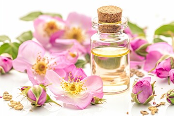 Obraz na płótnie Canvas wild rose aromatic oil on white background, cosmetic product, exquisite ingredient for perfumes and cosmetic