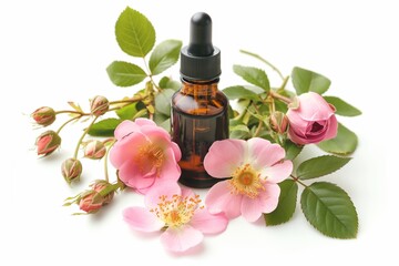 wild rose aromatic oil on white background, cosmetic product, exquisite ingredient for perfumes and cosmetic