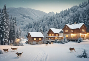 village covered vintage illustration isolated on a transparent background