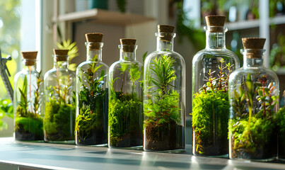 Moss and plants in one bottle on a table, Generative AI  - Powered by Adobe
