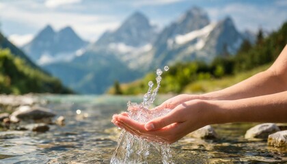 Holding clean river water in hands in nature, mountains, forest,