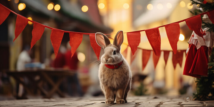 Funny bunny, rebbit animal background. Celebrating Christmas and New year holidays.