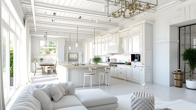 an image description highlighting the pristine white color scheme in a grand kitchen and living room setting