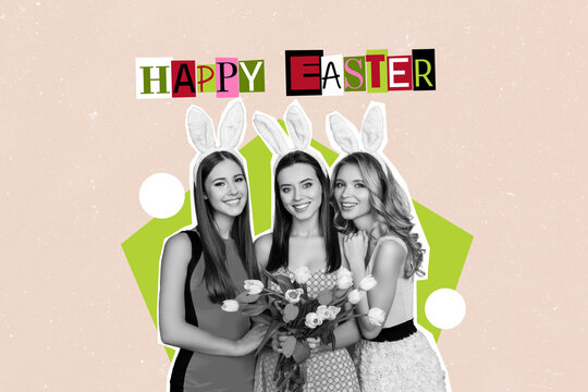 Creative photo collage of three girls sisters family day holiday tulips easter bunny ears gather tradition isolated on colorful background