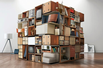 Modern furniture and home related items stacked in huge cube form. Moving company organizes container transportation.