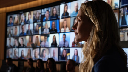 A professional woman participates in a digital group meeting with multiple attendees displayed on a large screen