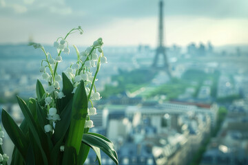 Flowering lily of the valley on a street of Paris, with the Eiffel tower in the background. French tradition to offer lily of the valley on the 1st of May, which is a public holiday in France