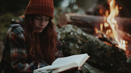 Thoughtful woman is sitting in front of a crackling fire, engrossed in a book she is reading at forest