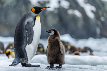 Adult King penguin (Aptenodytes patagonicus) standing with a chick in snow.