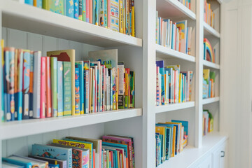 White wooden bookshelves full with colorful children books and toys. Beautiful bright children room at home