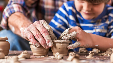 Mature man and boy shaping clay on pottery wheel in workshop. They are focused on their craft, creating pottery pieces together - obrazy, fototapety, plakaty
