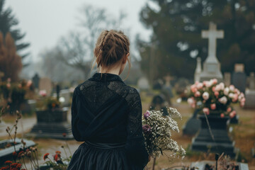 Sad young woman grieving her loss on a cemetery. Lonely widowed wife by the headstone of her spouse. - obrazy, fototapety, plakaty