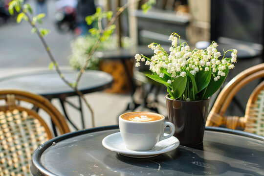 Bunch of lily of the valley and cup of coffee on a table of French street cafe. French tradition to offer lily of the valley on the 1st of May which is a public holiday in France