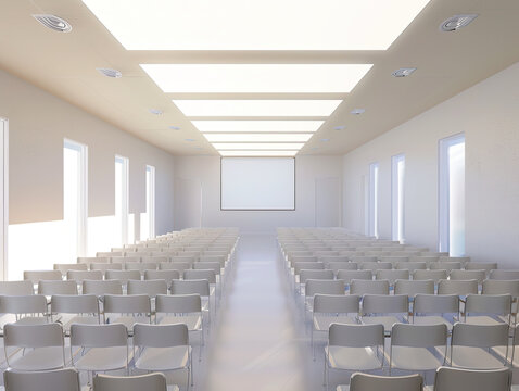 A large room with a projector screen and rows of white chairs