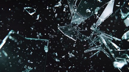 Broken glass on dark background with hole, close up photo - obrazy, fototapety, plakaty