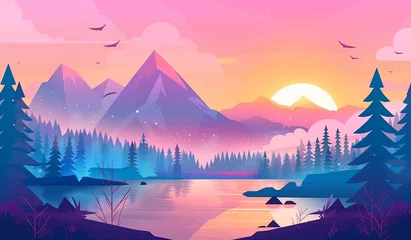 Poster Beautiful landscape with forest, mountains and lake at sunset or sunrise © EnelEva