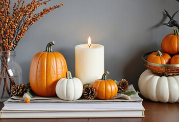Modern interrior decoration with decorative pumpkins for autumn, thanksgiving, fall, halloween - obrazy, fototapety, plakaty