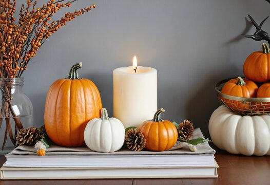 Modern interrior decoration with decorative pumpkins for autumn, thanksgiving, fall, halloween