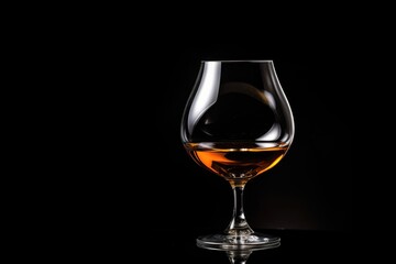 A sumptuous brandy in a tulip-shaped glass, exhibiting a warm amber hue, poised on a dark backdrop to accentuate its rich color. Sophisticated Brandy Glass with Warm Amber Spirit