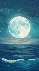 Illustration of a full moon over the ocean at night