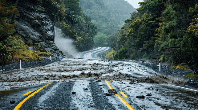 A mudslide on a mountain road. A landslide, rocks and water are falling. Danger to life. The concept of natural disasters