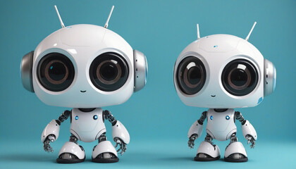 Two Adorable Friendly robots with large expressive eyes on a blue background