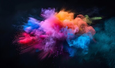 Colorful explosion of vibrant rainbow colors paint powder and smoke on black background