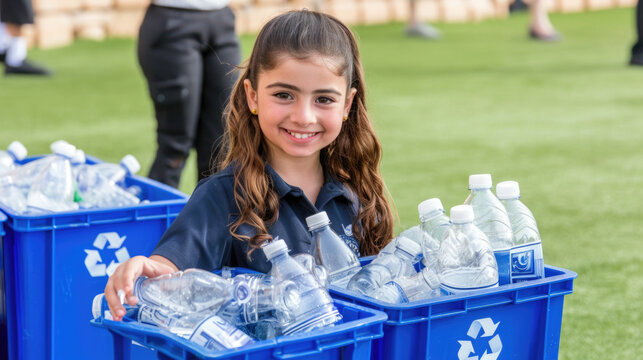 A smiling young girl helps with a plastic bottle recycling project, standing by blue bins full of bottles