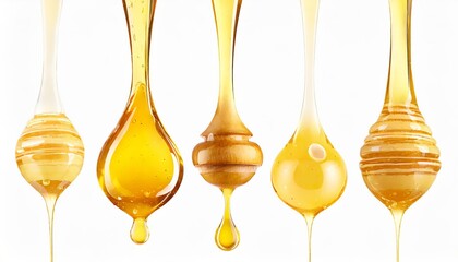 Set of drops of oil or honey, viscous fluid or syrup, isolated on a white background. PNG cutout or clipping path.	
