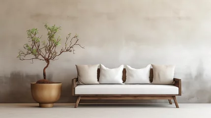 Rolgordijnen Minimalist living room featuring a wooden sofa with white cushions and a potted bonsai tree in a golden pot © HecoPhoto