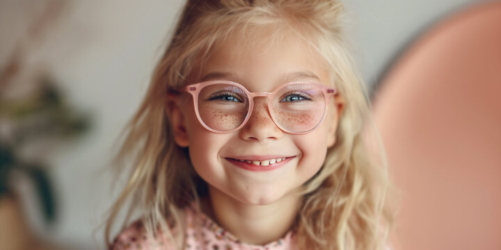 Portrait of smiling small girl with pink glasses. Children weak eyesight, myopia or astigmatism concept.