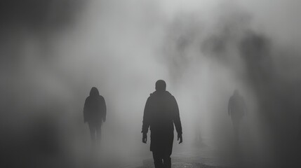 Silhouettes of people in fog - obrazy, fototapety, plakaty