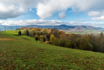 Beautiful view from meadow above Hradek village in Slezske Beskydy mountains in Czech republic - obrazy, fototapety, plakaty